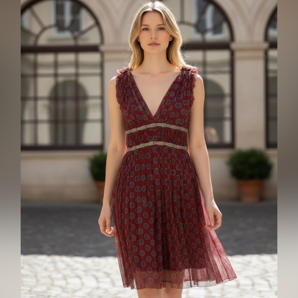 Isabel Marant Red and Gray Patterned Silk Midi Dress Formal - Date Night -size S